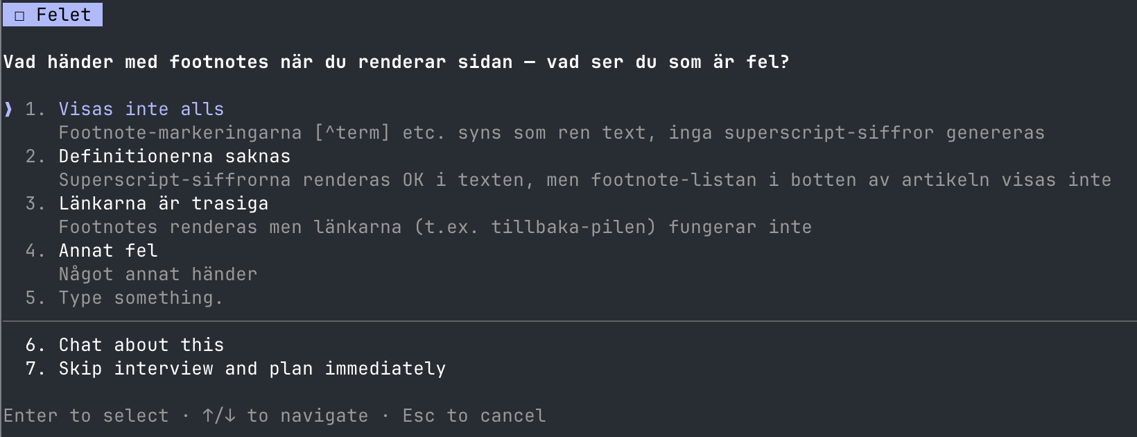 Svara på fråga i Claude Code